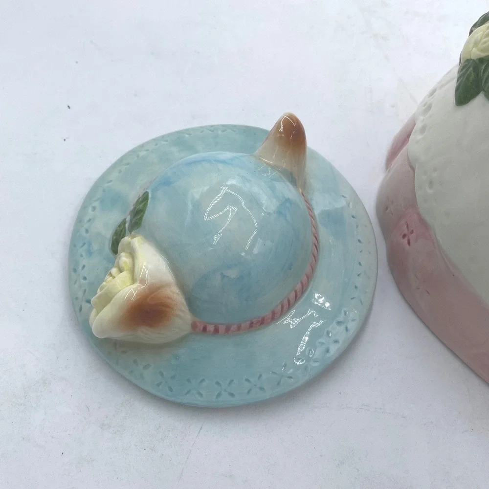 Vintage Ceramic Cat Cookie‎ Jar Victorian Lady Cat Pink Blue White 10 Inch